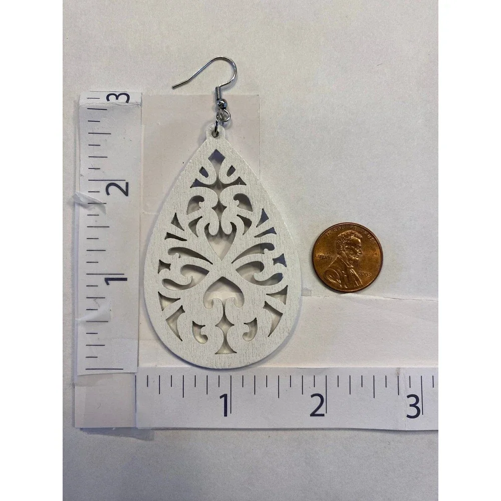 Earrings  Large Teardrop  Wooden Laser Cut White Dangle Boho Hippie Unique‎